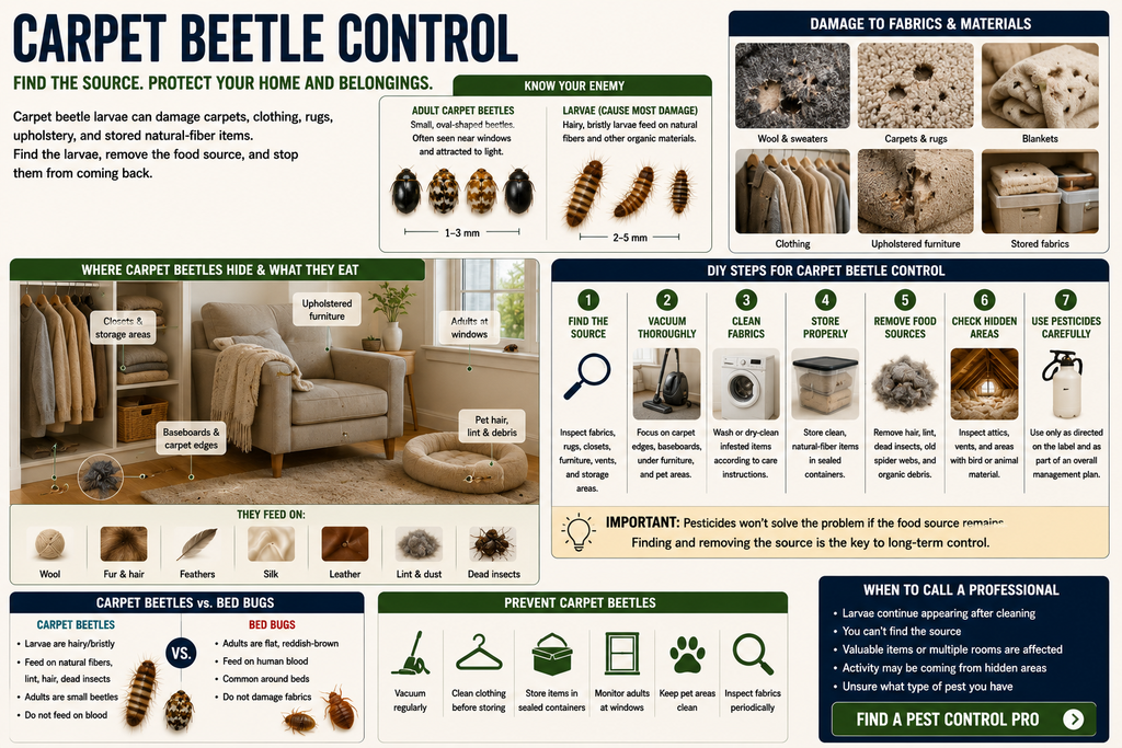 Carpet beetle control and signs of carpet beetle larvae and damage