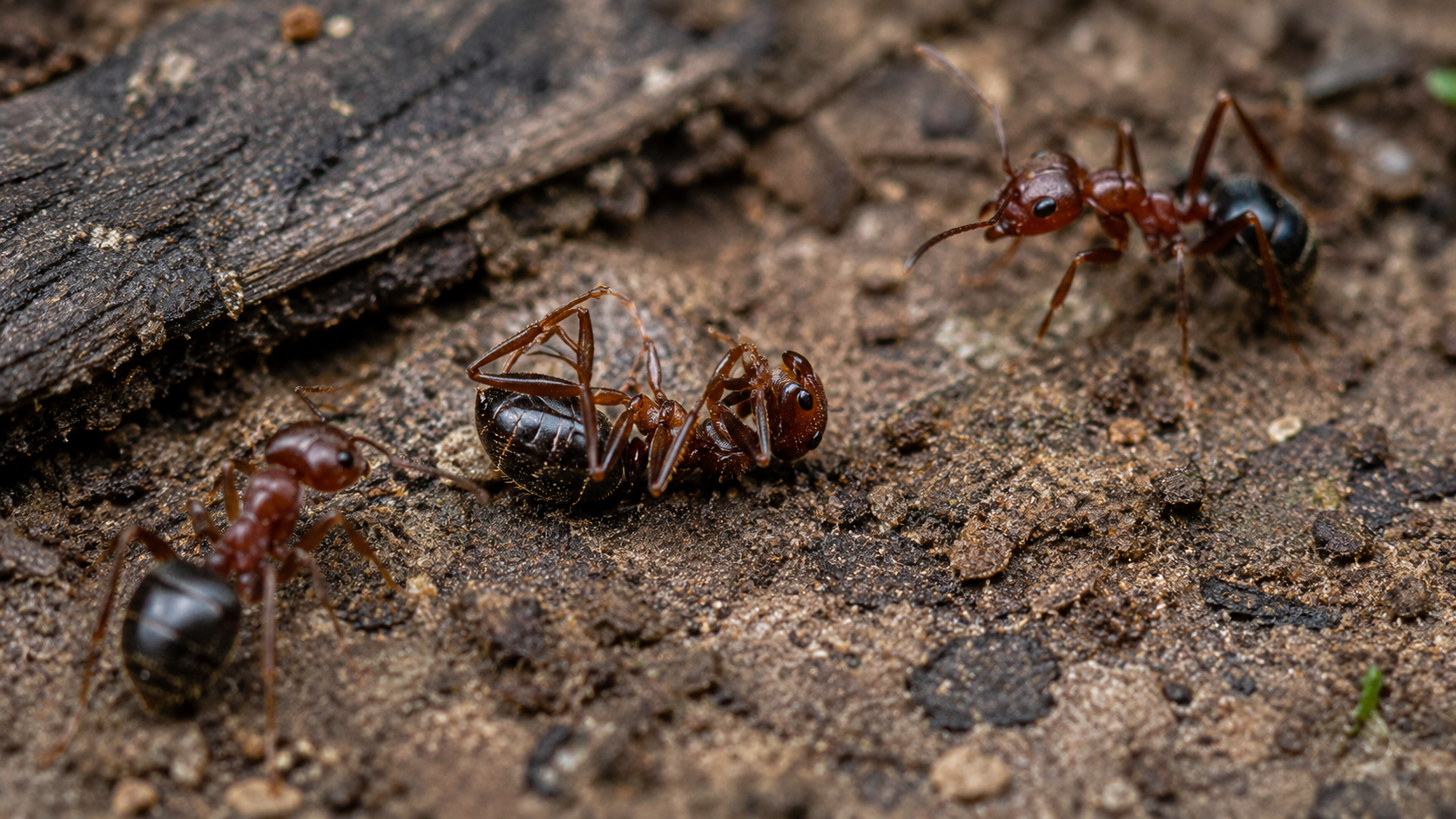 Do ants really play dead? An ant lies motionless with its legs curled inward while other ants remain active nearby.