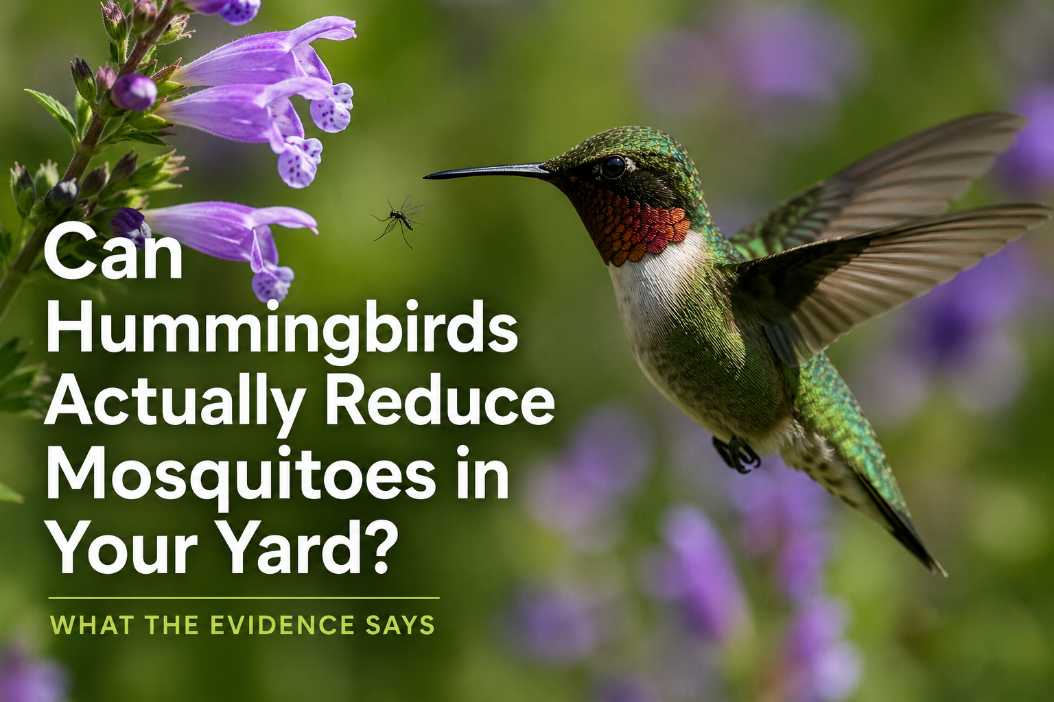 Hummingbird hunting a mosquito in a backyard garden