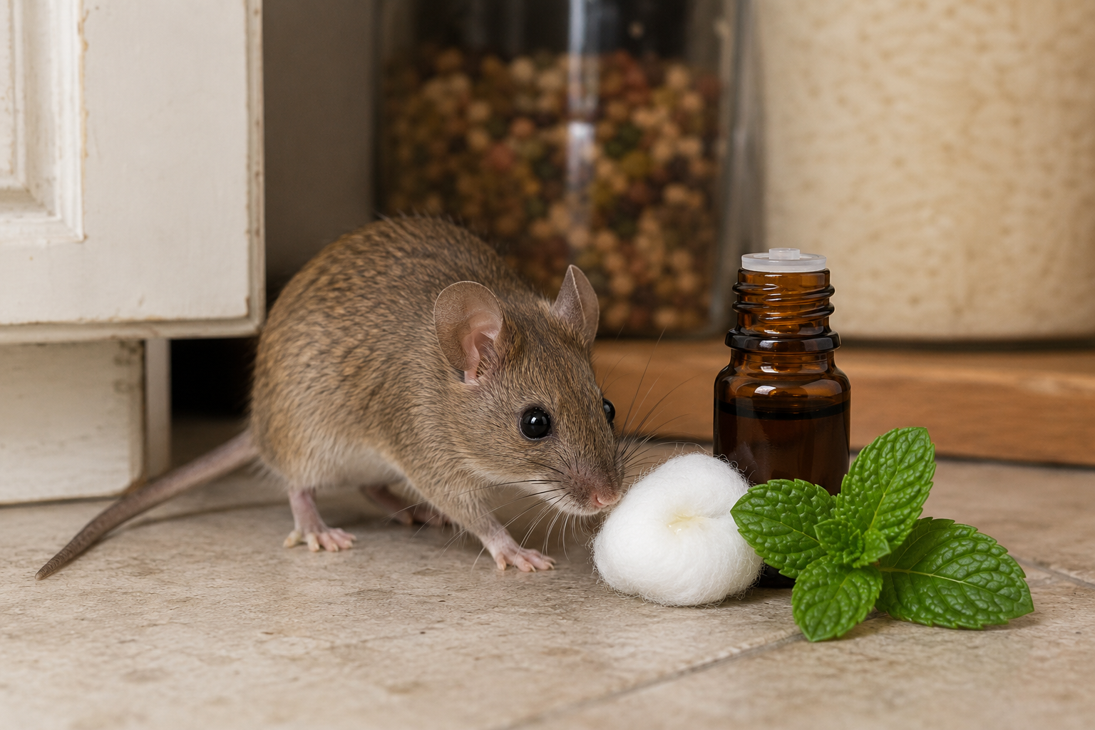 Does peppermint oil really repel mice? A mouse investigates peppermint oil in a home.