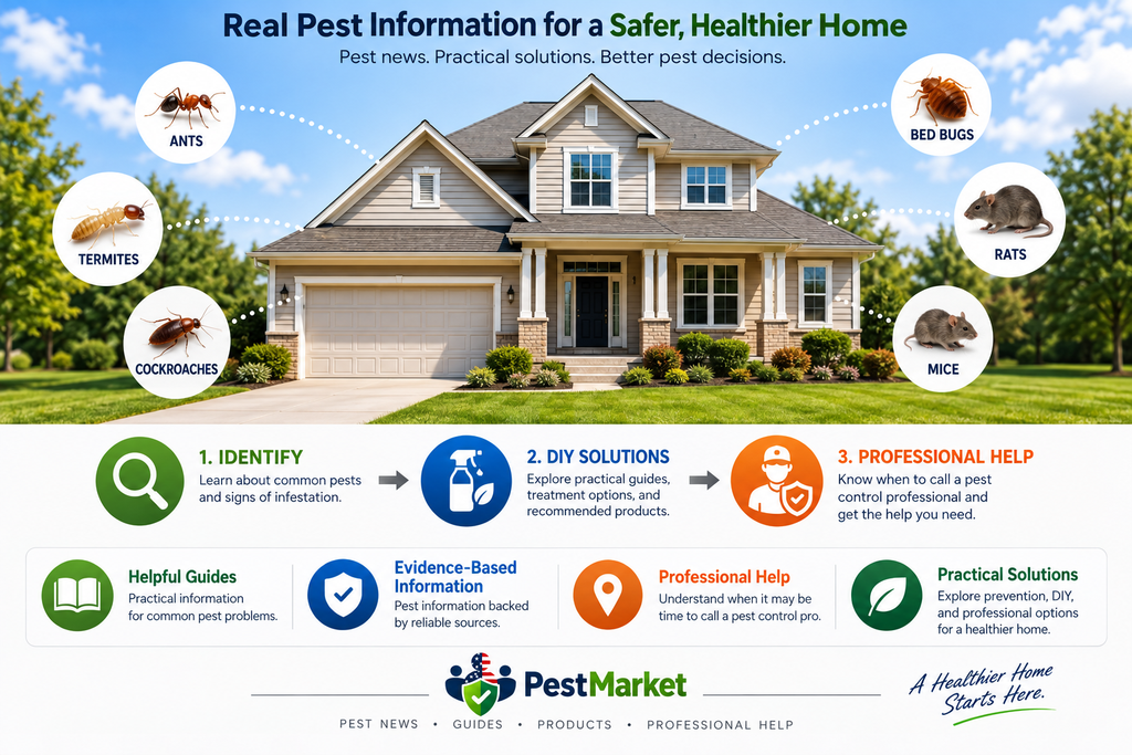 PestMarket home pest control guide with common pests, DIY solutions, and professional pest control help