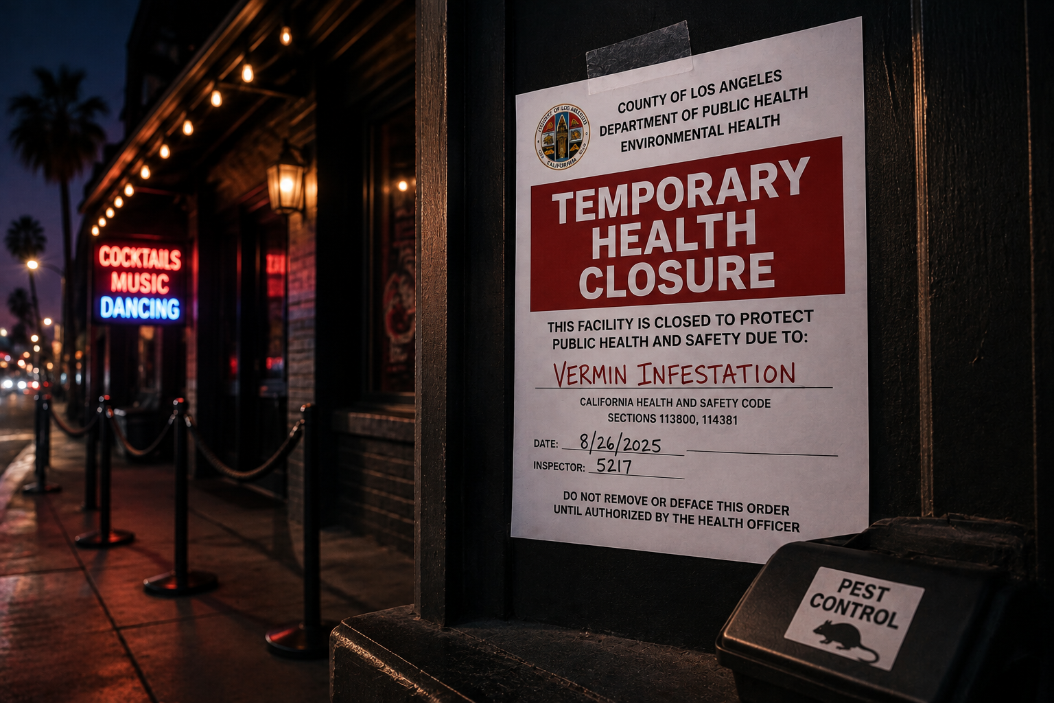 Temporary health closure notice outside an East Hollywood nightlife venue