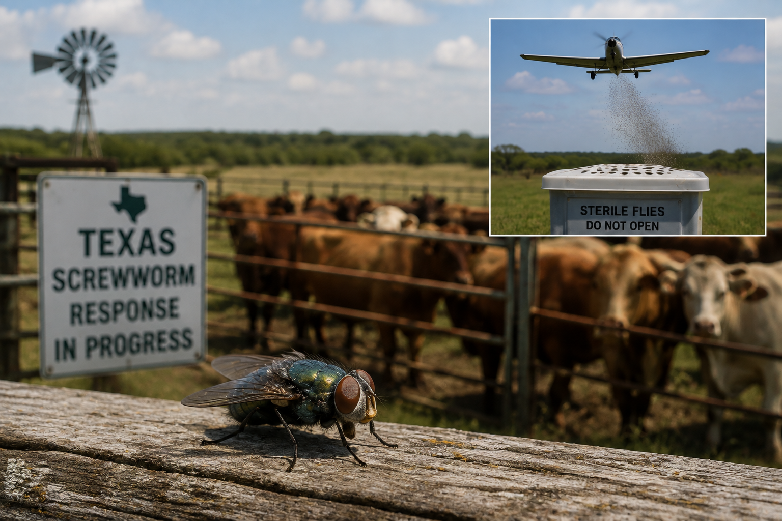 New World screwworm fly near cattle on a Texas ranch
